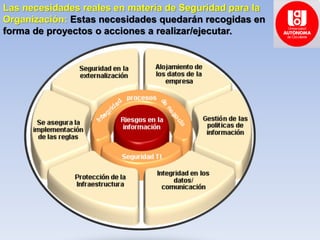 Las necesidades reales en materia de Seguridad para la
Organización: Estas necesidades quedarán recogidas en
forma de proyectos o acciones a realizar/ejecutar.
 
