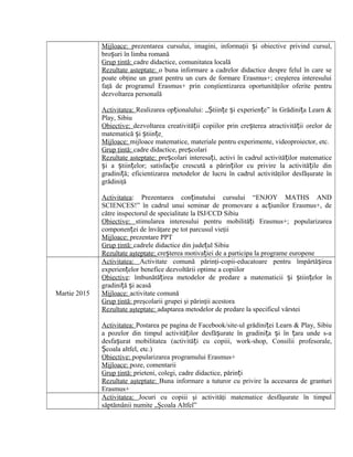 Mijloace: prezentarea cursului, imagini, informaţii i obiective privind cursul,ș
bro uri în limba romanăș
Grup ţintă: cadre didactice, comunitatea locală
Rezultate asteptate: o buna informare a cadrelor didactice despre felul în care se
poate obţine un grant pentru un curs de formare Erasmus+; creşterea interesului
faţă de programul Erasmus+ prin conştientizarea oportunităţilor oferite pentru
dezvoltarea personală
Activitatea: Realizarea op ionalului: „ tiin e i experien e” înț Ș ț ș ț Grădini a Learn &ț
Play, Sibiu
Obiective: dezvoltarea creativită ii copiilor prin cre terea atractivită ii orelor deț ș ț
matematică i tiin eș ș ț
Mijloace: mijloace matematice, materiale pentru experimente, videoproiector, etc.
Grup ţintă: cadre didactice, pre colariș
Rezultate asteptate: pre colari interesa i, activi în cadrul activită ilor matematiceș ț ț
i a tiin elor; satisfac ie crescută a părin ilor cu privire la activită ile dinș ș ț ț ț ț
gradini ăț ; eficientizarea metodelor de lucru în cadrul activităţilor desfăşurate în
grădiniţă
Activitatea: Prezentarea con inutului cursului “ENJOY MATHS ANDț
SCIENCES!” în cadrul unui seminar de promovare a ac iunilor Erasmus+, deț
către inspectorul de specialitate la ISJ/CCD Sibiu
Obiective: stimularea interesului pentru mobilită i Erasmus+; popularizareaț
componen ei de învăţare pe tot parcusul vieţiiț
Mijloace: prezentare PPT
Grup ţintă: cadrele didactice din jude ul Sibiuț
Rezultate aşteptate: cre terea motiva iei de a participa la programe europeneș ț
Martie 2015
Activitatea: Activitate comună părinţi-copii-educatoare pentru împărtă ireaș
experien elor benefice dezvoltării optime a copiilorț
Obiective: îmbunătă irea metodelor de predare a matematicii i tiin elor înț ș ș ț
gradini ă i acasăț ș
Mijloace: activitate comună
Grup ţintă: preşcolarii grupei şi părinţii acestora
Rezultate aşteptate: adaptarea metodelor de predare la specificul vârstei
Activitatea: Postarea pe pagina de Facebook/site-ul grădini ei Learn & Play, Sibiuț
a pozelor din timpul activită ilor desfă urate în gradini a i în ara unde s-aț ș ț ș ț
desfa urat mobilitatea (activită i cu copiii, work-shop, Consilii profesorale,ș ț
coala altfel, etc.)Ș
Obiective: popularizarea programului Erasmus+
Mijloace: poze, comentarii
Grup ţintă: prieteni, colegi, cadre didactice, părin iț
Rezultate aşteptate: Buna informare a tuturor cu privire la accesarea de granturi
Erasmus+
Activitatea: Jocuri cu copiii şi activităţi matematice desfăşurate în timpul
săptămânii numite „Şcoala Altfel”
 