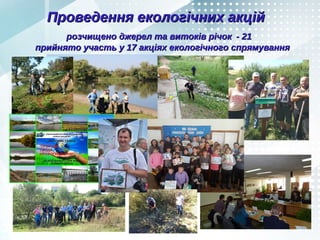 Проведення екологічних акційПроведення екологічних акцій
розчищено джерел та витоків річокрозчищено джерел та витоків річок - 21- 21
прийнято участь у 17 акціях екологічного спрямуванняприйнято участь у 17 акціях екологічного спрямування
 
