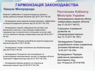Виділені суббасейни та водогосподарські ділянки у
межах районів річкових басейнів (від 26.01.2017 № 25)
 Затверджено межі районів річкових басейнів, суббасейнів
та водогосподарських ділянок (від 03.03.2017 № 103)
 Затверджено перелік забруднюючих речовин для
визначення хімічного стану масивів поверхневих і
підземних вод та екологічного потенціалу штучного або
істотно зміненого масиву поверхневих вод (від 06.02.2017
№ 45)
 Затверджено Порядок розроблення водогосподарських
балансів (від 26.01.2017 № 26)
 Затверджено типове положення про басейнові ради
(від 26.01.2017 № 23)
 Затверджено Положення про консервацію та
розконсервацію меліоративних систем та окремих об’єктів
інженерної інфраструктури (від 24.07.2017 № 276)
 Затверджена форма дозволу на спеціальне
водокористування (від 23.06.2017 № 234)
Постанови Кабінету
Міністрів України
ГАРМОНІЗАЦІЯ ЗАКОНОДАВСТВА
Накази Мінприроди
Запроваджено ведення обліку
поверхневих водних об'єктів
(від 31.05.2017 №372)
Спрощено отримання
дозволів на
спецводокористування
(від 13.12.2017 № 1091)
Затверджено Порядок
розроблення плану управління
річковим басейном (від
18.05.2017 № 336)
Затверджено Порядок
здійснення державного
моніторингу вод
(від 19 вересня 2018 №758)
 