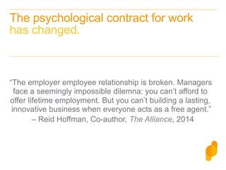 The psychological contract for work
has changed.
“The employer employee relationship is broken. Managers
face a seemingly ...