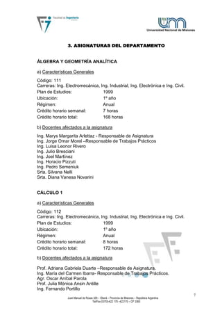 Universidad Nacional de Misiones




                3. ASIGNATURAS DEL DEPARTAMENTO


ÁLGEBRA Y GEOMETRÍA ANALÍTICA

a) Características Generales
Código: 111
Carreras: Ing. Electromecánica, Ing. Industrial, Ing. Electrónica e Ing. Civil.
Plan de Estudios:                1999
Ubicación:                       1º año
Régimen:                         Anual
Crédito horario semanal:         7 horas
Crédito horario total:           168 horas

b) Docentes afectados a la asignatura
Ing. Marys Margarita Arlettaz - Responsable de Asignatura
Ing. Jorge Omar Morel –Responsable de Trabajos Prácticos
Ing. Luisa Leonor Rivero
Ing. Julio Bresciani
Ing. Joel Martínez
Ing. Horacio Pizzuti
Ing. Pedro Semeniuk
Srta. Silvana Nelli
Srta. Diana Vanesa Novarini


CÁLCULO 1

a) Características Generales
Código: 112
Carreras: Ing. Electromecánica, Ing. Industrial, Ing. Electrónica e Ing. Civil.
Plan de Estudios:                1999
Ubicación:                       1º año
Régimen:                         Anual
Crédito horario semanal:         8 horas
Crédito horario total:           172 horas

b) Docentes afectados a la asignatura

Prof. Adriana Gabriela Duarte –Responsable de Asignatura.
Ing. María del Carmen Ibarra- Responsable de Trabajos Prácticos.
Agr. Oscar Aníbal Parola
Prof. Julia Mónica Ansin Antille
Ing. Fernando Portillo
                                                                                                                   7
                Juan Manuel de Rosas 325 – Oberá – Provincia de Misiones – República Argentina
                                    Tel/Fax 03755-422 179 –422170 – CP 3360
 
