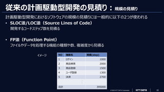 © 2023 NTT DATA Corporation 22
従来の計画駆動型開発の見積り：規模の見積り
計画駆動型開発におけるソフトウェアの規模の見積りには一般的に以下の2つが使われる
• SLOC法/LOC法（Source Lines of Code）
開発するコードステップ数を見積る
• FP法（Function Point）
ファイルやデータを処理する機能の種類や数、複雑度から見積る
イメージ NO 機能名 規模(step)
1 ログイン 1000
2 商品検索 2000
3 商品登録 1500
4 ユーザ登録 1300
5 決済 2700
・
・
・
合計 395000
 