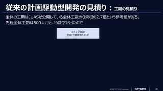 © 2023 NTT DATA Corporation 26
従来の計画駆動型開発の見積り：工期の見積り
全体の工期はJUASが公開している全体工数の3乗根の2.7倍という参考値がある。
先程全体工数は500人月という数字が出たので
2.7 × ∛500
全体工期は21.5ヶ月
 