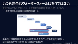 © 2023 NTT DATA Corporation 35
いつも完全なウォーターフォールばかりではない
冒頭で「ハイブリッド・アプローチ」とした反復型や漸進型を取り入れるケースもある。
• 途中で判明した追加仕様を取り組むケース
基本設計や詳細設計で気づいた/追加となった要件について影響範囲を判断し、
結合試験の途中で合流できるように計画する進め方
 