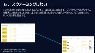 © 2023 NTT DATA Corporation 77
６．スウォーミングしない
1つのSprintで優先度の高い（スプリントゴールの達成に直結する）プロダクトバックログアイテム
を確実に終わらせることよりも、定められた期間内に全てのプロダクトバックログ完了させるために、
リソース効率を優先する。
※この事象は実際の経験をもとに抽象化し、
多少の脚色を加えたフィクションです。
 