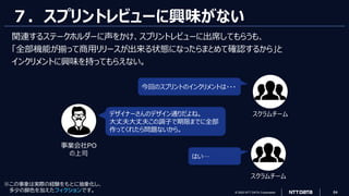 © 2023 NTT DATA Corporation 84
７．スプリントレビューに興味がない
デザイナーさんのデザイン通りだよね。
大丈夫大丈夫この調子で期限までに全部
作ってくれたら問題ないから。
今回のスプリントのインクリメントは・・・
はい…
事業会社PO
の上司
※この事象は実際の経験をもとに抽象化し、
多少の脚色を加えたフィクションです。
関連するステークホルダーに声をかけ、スプリントレビューに出席してもらうも、
「全部機能が揃って商用リリースが出来る状態になったらまとめて確認するから」と
インクリメントに興味を持ってもらえない。
スクラムチーム
スクラムチーム
 