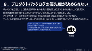 © 2023 NTT DATA Corporation 85
※この事象は実際の経験をもとに抽象化し、
多少の脚色を加えたフィクションです。
８．プロダクトバックログの優先度が決められない
バックログを分割し、より優先度が高いものを先に優先度が低そうなものは後にという提案や、
技術的負債を解消するためのリファクタリングを実施したいという話しをしても、
プロダクトオーナーはすでに作られたバックログの詳細を決める権限しか持っていない。
チームとして前倒しでプロダクトバックログを消化しないと新しいプロダクトバックログは認められない。
バックログ分割してこの部分は簡易に実装できる
ので先に対応したいです。
この部分は本当にエンドユーザに重要ですか？優
先度下げてもいいと思うのですが。
開発者
 