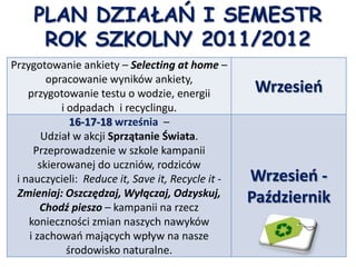 Plan działań I semestrRok szkolny 2011/2012 