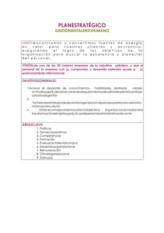 PLANESTRATÉGICO
                       GESTIÓNDELTALENTOHUMANO


MISIÓN:e n c o n t r a m o s y c o n v e r t i m o s f u e n t e s d e e n e r g í a
en    valor        para      nuestros          clientes        y   accionista,
asegurando             el   logro      de       los     objetivos       de       la
organización para buscar la excelencia y bienestar
del personal.

VISIÓN:ser una de las 30 mejores empresas de la industrias petrolera, y que el
personal de la empresa con su compromiso y desarrollo sostenido ayude a     su
posicionamiento internacional.

OBJETIVOSGENERALES:

   1.Innovar el desarrollo de conocimientos, habilidades, destrezas, valores,
       actitudesyaptitudesdeacuerdoalosrequerimientosdecalidadesperadosenlosre
       sultadosdegestión
   2.
        Fortalecerestrategiasdedesarrolloorganizacionalparaapoyarelavanceenlatra
       nsformacióncultural
   3.        Obtenerunmejoramientosustancialdelclima     organizacional,mediantela
       transformacióndehábitosyprácticasdelpersonaladministrativoydocente


ÁREASCLAVE:
          1. Políticas
          2. Temascorporativos
          3. Competencias
          4. Formación
          5. Evaluacióntalentohumano
          6. Desarrolloorganizacional
          7. Remuneración
          8. Climaorganizacional
          9. Estímulos
 