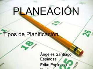 PLANEACIÓN Tipos de Planificación Ángeles Santiago Espinosa Erika Espinosa Santiago Jorge Cisneros Rodríguez.  