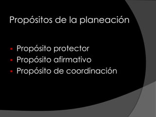 Propósitos de la planeación


 Propósito protector
 Propósito afirmativo
 Propósito de coordinación
 