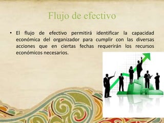 Flujo de efectivo
• El flujo de efectivo permitirá identificar la capacidad
  económica del organizador para cumplir con las diversas
  acciones que en ciertas fechas requerirán los recursos
  económicos necesarios.
 