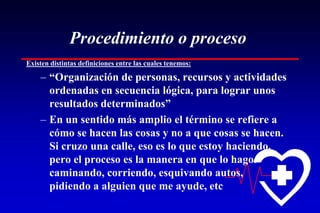 Procedimiento o proceso
Existen distintas definiciones entre las cuales tenemos:

    – “Organización de personas, recursos y actividades
      ordenadas en secuencia lógica, para lograr unos
      resultados determinados”
    – En un sentido más amplio el término se refiere a
      cómo se hacen las cosas y no a que cosas se hacen.
      Si cruzo una calle, eso es lo que estoy haciendo,
      pero el proceso es la manera en que lo hago:
      caminando, corriendo, esquivando autos,
      pidiendo a alguien que me ayude, etc
 