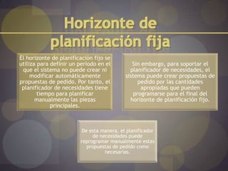 El horizonte de planificación fijo se
utiliza para definir un período en el         Sin embargo, para soportar el
 que el sistema no puede crear ni            planificador de necesidades, el
     modificar automáticamente             sistema puede crear propuestas de
propuestas de pedido. Por tanto, el              pedido por las cantidades
 planificador de necesidades tiene                apropiadas que pueden
        tiempo para planificar                 programarse para el final del
       manualmente las piezas                horizonte de planificación fijo.
             principales.



                         De esta manera, el planificador
                             de necesidades puede
                        reprogramar manualmente estas
                           propuestas de pedido como
                                  necesarias.
 