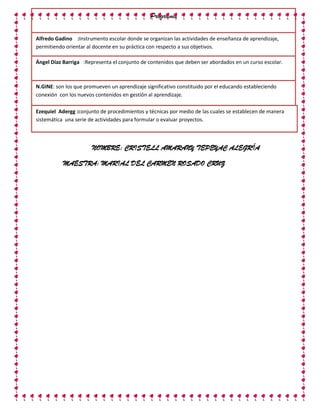 Programa

Alfredo Gadino :Instrumento escolar donde se organizan las actividades de enseñanza de aprendizaje,
permitiendo orientar al docente en su práctica con respecto a sus objetivos.

Ángel Díaz Barriga :Representa el conjunto de contenidos que deben ser abordados en un curso escolar.



N.GINE: son los que promueven un aprendizaje significativo constituido por el educando estableciendo
conexión con los nuevos contenidos en gestión al aprendizaje.

Ezequiel Adergg :conjunto de procedimientos y técnicas por medio de las cuales se establecen de manera
sistemática una serie de actividades para formular o evaluar proyectos.



                       NOMBRE: CRISTELL AMARANY TEPEYAC ALEGRÍA

           MAESTRA: MARIAL DEL CARMEN ROSADO CRUZ
 