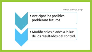 Rubio,T. y García, A. (2013)
•Anticipar los posibles
problemas futuros.
•Modificar los planes a la luz
de los resultados del control.
 
