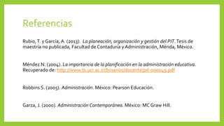 Referencias
Rubio,T. y García, A. (2013). La planeación, organización y gestión del PIT.Tesis de
maestría no publicada, Facultad de Contaduría yAdministración, Mérida, México.
Méndez N. (2004). La importancia de la planificación en la administración educativa.
Recuperado de: http://www.ts.ucr.ac.cr/binarios/docente/pd-000049.pdf
Robbins S. (2005). Administración. México: Pearson Educación.
Garza, J. (2000). Administración Contemporánea. México: MC Graw Hill.
 