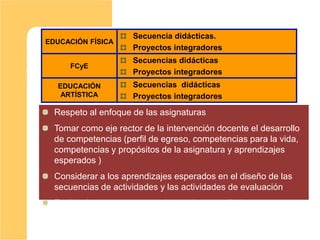 EDUCACIÓN FÍSICA
Secuencia didácticas.
Proyectos integradores
FCyE
Secuencias didácticas
Proyectos integradores
EDUCACIÓN
ARTÍSTICA
Secuencias didácticas
Proyectos integradores
Respeto al enfoque de las asignaturas
Tomar como eje rector de la intervención docente el desarrollo
de competencias (perfil de egreso, competencias para la vida,
competencias y propósitos de la asignatura y aprendizajes
esperados )
Considerar a los aprendizajes esperados en el diseño de las
secuencias de actividades y las actividades de evaluación
Evaluar los procesos y productos de aprendizaje
 