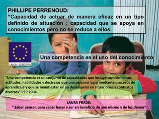 PHILLIPE PERRENOUD:
“Capacidad de actuar de manera eficaz en un tipo
definido de situación ; capacidad que se apoya en
conocimientos pero no se reduce a ellos.
LAURA FRADE:
“ Saber pensar, para saber hacer y ser en beneficio de uno mismo y de los demás”
“Una competencia es un conjunto de capacidades que incluye conocimientos,
actitudes, habilidades y destrezas que una persona logra mediante procesos de
aprendizaje y que se manifiestan en su desempeño en situaciones y contextos
diversos” PEP 2004
Una competencia es el uso del conocimiento
 