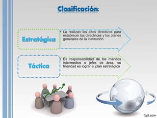 Clasificación:
• La realizan los altos directivos para
establecer las directrices y los planes
generales de la institución.
• Es responsabilidad de los mandos
intermedios o jefes de área, su
finalidad es lograr el plan estratégico
 