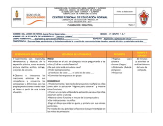 SUBSECRETARÍA DE EDUCACIÓN MEDIA SUPERIOR Y SUPERIOR
DIRECCIÓN GENERAL DE OPERACIÓN DE SERVICIOS
DE EDUCACIÓN MEDIA SUPERIOR Y SUPERIOR
SUBDIRECCIÓN DE FORMACIÓN DOCENTE
CENTRO REGIONAL DE EDUCACIÓN NORMAL
LICENCIATURA EN EDUCACIÓN PREESCOLAR
CICLO ESCOLAR 2016 - 2017
Fecha de Elaboración:
PLANEACIÓN DIDÁCTICA Página 1
NOMBRE DEL JARDIN DE NIÑOS: Lucía Flores Casarrubias _______ GRADO: _3°_GRUPO: “_A_”
NOMBRE DE LA SITUACIÓN DE APRENDIZAJE: “Vamos a colorear” ________________________________
CAMPO FORMATIVO: Expresión y apreciación artística _____ ASPECTO: Expresión y apreciación visual _______________
COMPETENCIA: Expresa ideas, sentimientos y fantasías mediante la creaciónde representaciones visuales, usando técnicas y materiales varia dos.___
APRENDIZAJES ESPERADOS SECUENCIA DE ACTIVIDADES RECURSOS
TIEMPO Y
ESPACIO
Experimenta con materiales,
herramientas y técnicas de la
expresión plástica, como acuarela,
pintura, dactilar, acrílico, collage,
crayones de cera etc.
Observa e interpreta las
reacciones artísticas de sus
compañeras y encuentra las
semejanzas y diferencias con las
propiasproduccionescuandoestas
se hacen a partir de una misma
situación.
INICIO
Reunidos en el aula de cómputo iniciar preguntando a los
niños ¿Cuál es su color favorito?
¿De qué color está pintada su casa?
Pedir ejemplos como;
La hierba es de color……… el cielo es de color…….
Comentar las respuestas en grupo
DESARROLLO
Posteriormenteypormediodelproyectorenseñaralosniños
como abrir la aplicación “Páginas para colorear” y mostrar
cómo funciona,
Poner un ejemploutilizando la aplicaciónpara que los niños
observen como se utiliza.
Mostrar cómo funciona el mouse de la computadora.
Dar indicaciones a los niños
-Elegir el dibujo que más les guste, y pintarlo con sus colores
preferidos
Por mediode esta actividadse favorece laexperimentación en
loa niños de preescolar.
Páginas para
colorear
chrome://apps/
Ordenador (Aula de
cómputo)
Proyector
30 minutos
La actividad se
realizará dentro
del aula de
cómputo.
 