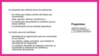 Un propósito bien definido tiene tres elementos:
 Un verbo que indique cambio del status quo
(incrementar,
bajar, generar, eliminar, transformar, )
 La explicación del problema o condición que se
busca cambiar
 La identificación de los clientes específicos
La misión pone de manifiesto:
• Identidad de la organización para ser reconocida
en su entorno
• Los valores, reglas, principios, que orientan la
actividad de los integrantes
• La cohesión alrededor de objetivos comunes, lo
cual facilita la resolución de conflictos y
motivación del personal.
Pregúntese:
¿Quienes somos? .
¿Para que Existimos?.
¿ y a quienes servimos?
 