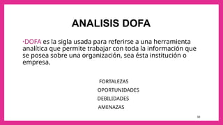 32
ANALISIS DOFA
•DOFA es la sigla usada para referirse a una herramienta
analítica que permite trabajar con toda la información que
se posea sobre una organización, sea ésta institución o
empresa.
FORTALEZAS
OPORTUNIDADES
DEBILIDADES
AMENAZAS
 