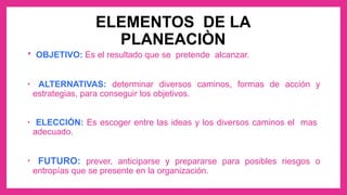 ELEMENTOS DE LA
PLANEACIÒN
• OBJETIVO: Es el resultado que se pretende alcanzar.
• ALTERNATIVAS: determinar diversos caminos, formas de acción y
estrategias, para conseguir los objetivos.
• ELECCIÓN: Es escoger entre las ideas y los diversos caminos el mas
adecuado.
• FUTURO: prever, anticiparse y prepararse para posibles riesgos o
entropías que se presente en la organización.
 