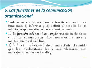 6. Las funciones de la comunicación organizacional   Toda secuencia de la comunicación tiene siempre dos funciones: 1) informar y 2) definir el sentido de las relaciones que mantienen las comunicaciones 1) la función informativa: simple  transición de datos entre los comunicantes. Los mensajes de tarea y mantenimiento d Redding  2) la función relacional:  sirve para definir  el sentido que los interlocutores dan a sus relaciones. Los mensajes humanos de Redding. Volver 