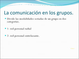 La comunicación en los grupos. Divide las modalidades seriadas de un grupo en dos categorias. 1- red personal radial 2- red personal entrelazante. Volver 