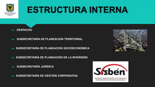 ESTRUCTURA INTERNA
 DESPACHO
 SUBSECRETARÍA DE PLANEACION TERRITORIAL
 SUBSECRETARÍA DE PLANEACION SOCIOECONÓMICA
 SUBSECRETARÍA DE PLANEACIÓN DE LA INVERSIÓN
 SUBSECRETARÍA JURÍDICA
 SUBSECRETARÍA DE GESTIÓN CORPORATIVA.
 