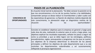 PASOS DE LA PLANEACIÓN
CONCIENCIA DE
OPORTUNIDADES
Es el punto inicial real de la planeación, "Se debe conocer la posición en la
que nos encontraremos a la luz de los puntos fuertes y las debilidades,
comprender porque se desea reducir la incertidumbre y saber cuales son
las expectativas de ganancias. La fijación de objetivos realista depende de
este conocimiento, la planeación exige un diagnóstico realista de la
situación de las oportunidades".
ESTABLECIMIENTO DE
OBJETIVOS
Consiste en establecer objetivos para la empresa en general y luego para
cada área de esta, realizando lo anterior para el corto y largo plazo. Los
objetivos explican los resultados esperados, señalan los pasos a seguir así
como su prioridad, y que se debe lograr con las estrategias, políticas,
procedimientos, reglas, presupuestos y programas con los que se cuenta.
Los objetivos de la empresa determinan la dirección de los planes
principales y definen los objetivos de cada departamento que a su vez
controlan los departamentos subordinados y así sucesivamente,
reflejando la jerarquía organizacional
 