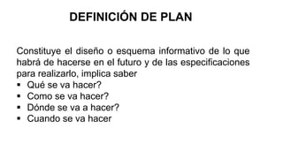 Constituye el diseño o esquema informativo de lo que
habrá de hacerse en el futuro y de las especificaciones
para realizarlo, implica saber
 Qué se va hacer?
 Como se va hacer?
 Dónde se va a hacer?
 Cuando se va hacer
DEFINICIÓN DE PLAN
 