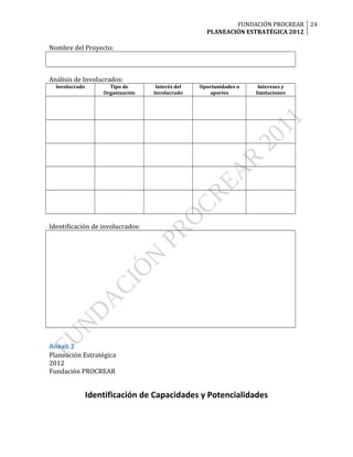 FUNDACIÓN PROCREAR 24
                                                    PLANEACIÓN ESTRATÉGICA 2012

Nombre del Proyecto:



Análisis de Involucrados:
  Involucrado         Tipo de       Interés del   Oportunidades o    Intereses y
                    Organización   Involucrado        aportes       limitaciones




Identificación de involucrados:




Anexo 2
Planeación Estratégica
2012
Fundación PROCREAR


                Identificación de Capacidades y Potencialidades
 