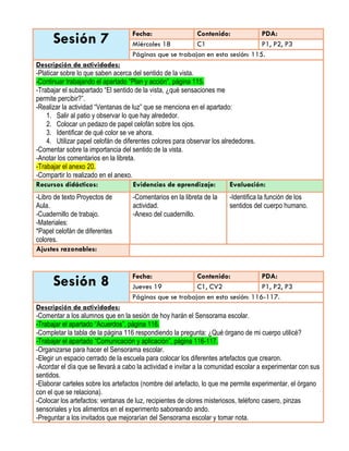 Sesión 7 Fecha: Contenido: PDA:
Miércoles 18 C1 P1, P2, P3
Páginas que se trabajan en esta sesión: 115.
Descripción de actividades:
-Platicar sobre lo que saben acerca del sentido de la vista.
-Continuar trabajando el apartado “Plan y acción”, página 115.
-Trabajar el subapartado “El sentido de la vista, ¿qué sensaciones me
permite percibir?”.
-Realizar la actividad “Ventanas de luz” que se menciona en el apartado:
1. Salir al patio y observar lo que hay alrededor.
2. Colocar un pedazo de papel celofán sobre los ojos.
3. Identificar de qué color se ve ahora.
4. Utilizar papel celofán de diferentes colores para observar los alrededores.
-Comentar sobre la importancia del sentido de la vista.
-Anotar los comentarios en la libreta.
-Trabajar el anexo 20.
-Compartir lo realizado en el anexo.
Recursos didácticos: Evidencias de aprendizaje: Evaluación:
-Libro de texto Proyectos de
Aula.
-Cuadernillo de trabajo.
-Materiales:
*Papel celofán de diferentes
colores.
-Comentarios en la libreta de la
actividad.
-Anexo del cuadernillo.
-Identifica la función de los
sentidos del cuerpo humano.
Ajustes razonables:
Sesión 8 Fecha: Contenido: PDA:
Jueves 19 C1, CV2 P1, P2, P3
Páginas que se trabajan en esta sesión: 116-117.
Descripción de actividades:
-Comentar a los alumnos que en la sesión de hoy harán el Sensorama escolar.
-Trabajar el apartado “Acuerdos”, página 116.
-Completar la tabla de la página 116 respondiendo la pregunta: ¿Qué órgano de mi cuerpo utilicé?
-Trabajar el apartado “Comunicación y aplicación”, página 116-117.
-Organizarse para hacer el Sensorama escolar.
-Elegir un espacio cerrado de la escuela para colocar los diferentes artefactos que crearon.
-Acordar el día que se llevará a cabo la actividad e invitar a la comunidad escolar a experimentar con sus
sentidos.
-Elaborar carteles sobre los artefactos (nombre del artefacto, lo que me permite experimentar, el órgano
con el que se relaciona).
-Colocar los artefactos: ventanas de luz, recipientes de olores misteriosos, teléfono casero, pinzas
sensoriales y los alimentos en el experimento saboreando ando.
-Preguntar a los invitados que mejorarían del Sensorama escolar y tomar nota.
 