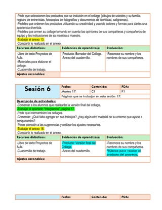 -Pedir que seleccionen los productos que se incluirán en el collage (dibujos de ustedes y su familia,
registro de entrevistas, fotocopias de fotografías y documentos de identidad, caligramas).
-Pedirles que ordenen los productos utilizando su creatividad y usando colores y formas para darles una
apariencia divertida.
-Pedirles que armen su collage tomando en cuenta las opiniones de sus compañeras y compañeros de
equipo y las indicaciones de su maestra o maestro.
-Trabajar el anexo 13.
-Compartir lo realizado en el anexo.
Recursos didácticos: Evidencias de aprendizaje: Evaluación:
-Libro de texto Proyectos de
Aula.
-Materiales para elaborar el
collage.
-Cuadernillo de trabajo.
-Producto: Borrador del Collage.
-Anexo del cuadernillo.
-Reconoce su nombre y los
nombres de sus compañeros.
Ajustes razonables:
Sesión 6 Fecha: Contenido: PDA:
Martes 17 C1 P1
Páginas que se trabajan en esta sesión: 17.
Descripción de actividades:
-Comentar a los alumnos que realizarán la versión final del collage.
-Trabajar el apartado “Integramos”, página 17.
-Pedir que intercambien los collages.
-Comentar: ¿Qué falta agregar en sus trabajos? ¿hay algún otro material de su entorno que ayude a
enriquecerlos?
-Poner atención a las sugerencias y realizar los ajustes necesarios.
-Trabajar el anexo 16.
-Compartir lo realizado en el anexo.
Recursos didácticos: Evidencias de aprendizaje: Evaluación:
-Libro de texto Proyectos de
Aula.
-Cuadernillo de trabajo.
-Producto: Versión final del
Collage.
-Anexo del cuadernillo.
-Reconoce su nombre y los
nombres de sus compañeros.
*Rúbrica para valorar el
producto del proyecto.
Ajustes razonables:
Fecha: Contenido: PDA:
 