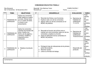COMUNIDAD EDUCATIVA TONALLI

 Plan Bimestral                                     Maestr@: Toño Martínez Terán                        COMPUTACIÓN 7
 Del 12 Noviembre - 30 Noviembre 2012               Revisado por: _______________________        Fecha: _____________

Sesión
             TEMA             OBJETIVO(S)             P                    DESARROLLO                         EVALUACION      TAREA
                                                                                                                             Traer
                          Aplicar los comandos
                                                                                                                             reporte
                          estilo rápido en cuadro
                                                              Recordar las fichas y sus funciones.            Ejercicios de  de
 1                        de texto, Alinear texto
         Habilidades de                                       Explicar cada uno de los comandos.              habilidad de   lectura
                          en un cuadro de texto,
         certificación                                        Aplicar cada uno de los comandos en el          certificación  del
                          un tema a una
                                                              MOAC de práctica.                               11-12-15       periódico
                          presentación.
                                                                                                                             de
                                                                                                                             interfase
                                                                                                                             Traer
                          Aplica los comandos
                                                                                                                             reporte
                          Cambiar las fuentes del             Recordar la función de la ficha inicio e
                                                                                                              Ejercicios de  de
                          tema, Inserta una                   insertar así como encontrar cada uno de los
         Habilidades de                                                                                       habilidad de   lectura
 2                        fecha, pie de página y              comandos y explicar su función.
         certificación                                                                                        certificación  del
                          números, modifica y                 Hacer la aplicación de los comandos en
                                                                                                              19-28-34-35-42 periódico
                          trayectoria de la                   MOAC de práctica                                               de
                          animación.
                                                                                                                             interfase
                                                                                                                             Traer
                                                                                                                             reporte
                                                                                                                             de
                                                              Entrega la hoja de indicaciones de la primera                  lectura
         Habilidades de      Realiza el producto              parte del proyecto.                             Desarrollo del del
 3
         certificación       2                                Resolver dudas.                                 producto       periódico
                                                              Llenar su formato de trabajo.                                  de
                                                                                                                             interfase
                                                                                                                             y
                                                                                                                             producto

 Comentarios
                                                     COMUNIDAD EDUCATIVA TONALLI
 