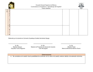 Escuela Normal Superior de México
Licenciatura en Enseñanza y Aprendizaje del Español
Turno matutino
n
8
D
e
s
a
r
r
o
l
l
o
C
i
e
r
r
e
Elaborado por la docente en formación Guadalupe Gudelia Hernández Zayago
_____________________________ _____________________________ _______________________________
Vo. Bo. Vo. Bo Vo. Bo
Maestra Asesora Maestra de Proyectos de intervención docente Maestra Titular
Orquídea Torres Pegueros Lilia Villa Aguilar María de Monserrat Moreno Osuna
Observaciones
● Se considera en la sesión tres la posibilidad de continuar con lo visto en la sesión anterior debido a la extensión del tema.
 