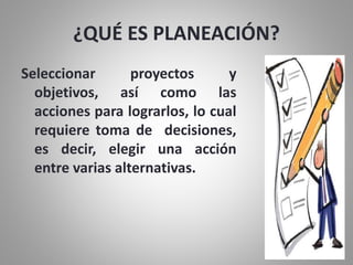 ¿QUÉ ES PLANEACIÓN?
Seleccionar proyectos y
objetivos, así como las
acciones para lograrlos, lo cual
requiere toma de decisiones,
es decir, elegir una acción
entre varias alternativas.
 