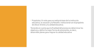 Propósitos: En este paso se realiza la base de la institución
educativa, la vocación y la filosofía institucional con el propósito
de elevar el éxito y la calidad educativa.
Teniendo en cuenta que la finalidad del proceso es determinar los
objetivos y definir la mejor forma de alcanzarlos, es decir,
desarrollar planes para mejorar la calidad educativa
 
