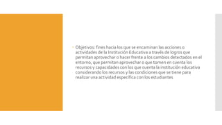  Objetivos: fines hacia los que se encaminan las acciones o
actividades de la Institución Educativa a través de logros que
permitan aprovechar o hacer frente a los cambios detectados en el
entorno, que permitan aprovechar o que tomen en cuenta los
recursos y capacidades con los que cuenta la institución educativa
considerando los recursos y las condiciones que se tiene para
realizar una actividad específica con los estudiantes
 
