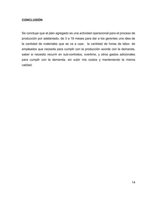 CONCLUSIÓN
Se concluye que el plan agregado es una actividad operacional para el proceso de
producción por adelantado, de 3 a 18 meses para dar a los gerentes una idea de
la cantidad de materiales que se va a usar, la cantidad de horas de labor, de
empleados que necesita para cumplir con la producción acorde con la demanda,
saber si necesito recurrir en sub-contratos, overtime, y otros gastos adicionales
para cumplir con la demanda, sin subir mis costos y manteniendo la misma
calidad.
14
 