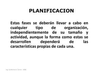 PLANIFICACION
Estas fases se deberán llevar a cabo en
cualquier
tipo
de
organización,
independientemente de su tamaño y
actividad, aunque la forma como estas se
desarrollen
dependerá
de
las
características propias de cada una.

Ing. Guillermo A. Corres - 2006

 