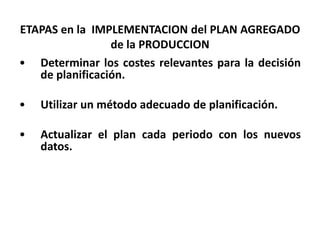 ETAPAS en la IMPLEMENTACION del PLAN AGREGADO
de la PRODUCCION
• Determinar los costes relevantes para la decisión
de planificación.
•

Utilizar un método adecuado de planificación.

•

Actualizar el plan cada periodo con los nuevos
datos.

 