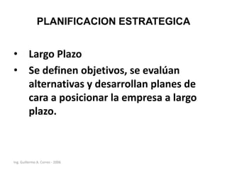 PLANIFICACION ESTRATEGICA

• Largo Plazo
• Se definen objetivos, se evalúan
alternativas y desarrollan planes de
cara a posicionar la empresa a largo
plazo.

Ing. Guillermo A. Corres - 2006

 