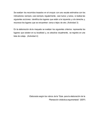 Se evalúan los recorridos trazados en el croquis con una escala estimativa con los
indicadores: siempre, casi siempre, regularmente, casi nunca y nunca, si realiza las
siguientes acciones: identifica los lugares que están a la izquierda y a la derecha y,
reconoce los lugares que se encuentran cerca o lejos de otro. (Actividad 3)
En la elaboración de la maqueta se evalúan los siguientes criterios: representa los
lugares que existen en su localidad y, es atractiva visualmente, se registra en una
lista de cotejo. (Actividad 4)
Elaborada según los rubros de la “Guía para la elaboración de la
Planeación didáctica argumentada” (SEP)
 