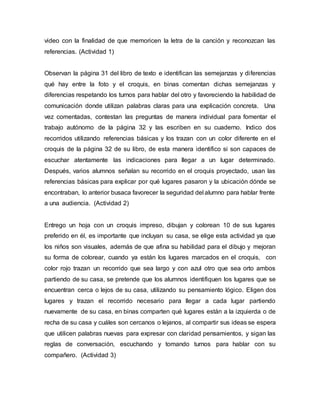 video con la finalidad de que memoricen la letra de la canción y reconozcan las
referencias. (Actividad 1)
Observan la página 31 del libro de texto e identifican las semejanzas y diferencias
qué hay entre la foto y el croquis, en binas comentan dichas semejanzas y
diferencias respetando los turnos para hablar del otro y favoreciendo la habilidad de
comunicación donde utilizan palabras claras para una explicación concreta. Una
vez comentadas, contestan las preguntas de manera individual para fomentar el
trabajo autónomo de la página 32 y las escriben en su cuaderno. Indico dos
recorridos utilizando referencias básicas y los trazan con un color diferente en el
croquis de la página 32 de su libro, de esta manera identifico si son capaces de
escuchar atentamente las indicaciones para llegar a un lugar determinado.
Después, varios alumnos señalan su recorrido en el croquis proyectado, usan las
referencias básicas para explicar por qué lugares pasaron y la ubicación dónde se
encontraban, lo anterior busaca favorecer la seguridad del alumno para hablar frente
a una audiencia. (Actividad 2)
Entrego un hoja con un croquis impreso, dibujan y colorean 10 de sus lugares
preferido en él, es importante que incluyan su casa, se elige esta actividad ya que
los niños son visuales, además de que afina su habilidad para el dibujo y mejoran
su forma de colorear, cuando ya están los lugares marcados en el croquis, con
color rojo trazan un recorrido que sea largo y con azul otro que sea orto ambos
partiendo de su casa, se pretende que los alumnos identifiquen los lugares que se
encuentran cerca o lejos de su casa, utilizando su pensamiento lógico. Eligen dos
lugares y trazan el recorrido necesario para llegar a cada lugar partiendo
nuevamente de su casa, en binas comparten qué lugares están a la izquierda o de
recha de su casa y cuáles son cercanos o lejanos, al compartir sus ideas se espera
que utilicen palabras nuevas para expresar con claridad pensamientos, y sigan las
reglas de conversación, escuchando y tomando turnos para hablar con su
compañero. (Actividad 3)
 