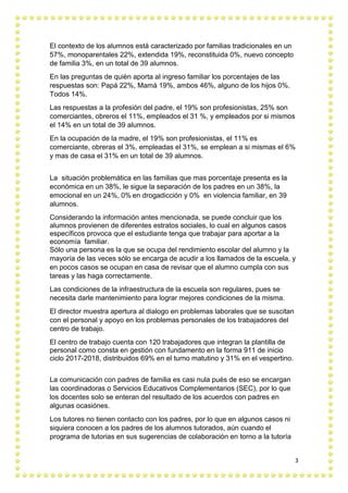 3
El contexto de los alumnos está caracterizado por familias tradicionales en un
57%, monoparentales 22%, extendida 19%, reconstituida 0%, nuevo concepto
de familia 3%, en un total de 39 alumnos.
En las preguntas de quièn aporta al ingreso familiar los porcentajes de las
respuestas son: Papá 22%, Mamá 19%, ambos 46%, alguno de los hijos 0%.
Todos 14%.
Las respuestas a la profesión del padre, el 19% son profesionistas, 25% son
comerciantes, obreros el 11%, empleados el 31 %, y empleados por si mismos
el 14% en un total de 39 alumnos.
En la ocupación de la madre, el 19% son profesionistas, el 11% es
comerciante, obreras el 3%, empleadas el 31%, se emplean a si mismas el 6%
y mas de casa el 31% en un total de 39 alumnos.
La situación problemática en las familias que mas porcentaje presenta es la
económica en un 38%, le sigue la separación de los padres en un 38%, la
emocional en un 24%, 0% en drogadicción y 0% en violencia familiar, en 39
alumnos.
Considerando la información antes mencionada, se puede concluir que los
alumnos provienen de diferentes estratos sociales, lo cual en algunos casos
específicos provoca que el estudiante tenga que trabajar para aportar a la
economía familiar.
Sólo una persona es la que se ocupa del rendimiento escolar del alumno y la
mayoría de las veces sólo se encarga de acudir a los llamados de la escuela, y
en pocos casos se ocupan en casa de revisar que el alumno cumpla con sus
tareas y las haga correctamente.
Las condiciones de la infraestructura de la escuela son regulares, pues se
necesita darle mantenimiento para lograr mejores condiciones de la misma.
El director muestra apertura al dialogo en problemas laborales que se suscitan
con el personal y apoyo en los problemas personales de los trabajadores del
centro de trabajo.
El centro de trabajo cuenta con 120 trabajadores que integran la plantilla de
personal como consta en gestión con fundamento en la forma 911 de inicio
ciclo 2017-2018, distribuidos 69% en el turno matutino y 31% en el vespertino.
La comunicación con padres de familia es casi nula pués de eso se encargan
las coordinadoras o Servicios Educativos Complementarios (SEC), por lo que
los docentes solo se enteran del resultado de los acuerdos con padres en
algunas ocasiónes.
Los tutores no tienen contacto con los padres, por lo que en algunos casos ni
siquiera conocen a los padres de los alumnos tutorados, aún cuando el
programa de tutorias en sus sugerencias de colaboración en torno a la tutoría
 