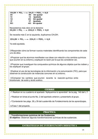 14
Necesitamos más cloro en la derecha:
Se necesita más C en la izquierda, duplicamos CH3OH.
Ya está ajustada.
Responder cómo se forman nuevos materiales identificando los componentes de cada
uno de ellos.
Propiciar que los alumnos manifiesten sus ideas con relación a los cambios químicos
que ocurren en su entorno y expliquen la razón por la que los consideran así.
Propiciar que investiguen los compuestos químicos de algunos objetos que los rodean y
los expliquen al grupo.
Explicar el uso de las tecnologías de la información y la comunicación (TIC), para que
observen la construcción de instancias comunes en su entorno.
Comparar los cambios que ocurren durante la reacción química entre
bicarbonato de sodio y ácido acético.
PRACTICA
 Transformaciones químicas de las Sustancias.
El objetivo: Observar algunas transformaciones químicas de las sustancias.
ESTRATEGIAS DE INTERVENCIÓN DIDÁCTICA
CIERRE
 Realizar en su cuaderno el apartado “Apliquemos lo aprendido” de la pág. 140 del L.T.
Realizar en binas el punto No. 2 del apartado anterior y presentarlo al grupo.
Contestarán las págs. 38 y 39 del cuadernillo de Fortalecimiento de los aprendizajes.
Fase 1 del proyecto.
 